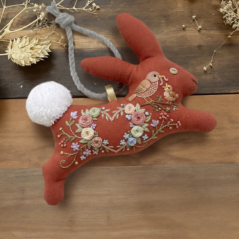 Rubbyoo Rabbit Embroidery Kit - Floral Heart Wreath And Bird | Mother's Day Gift | Colorful Room Decor - 6 inches hoop kit - image 1