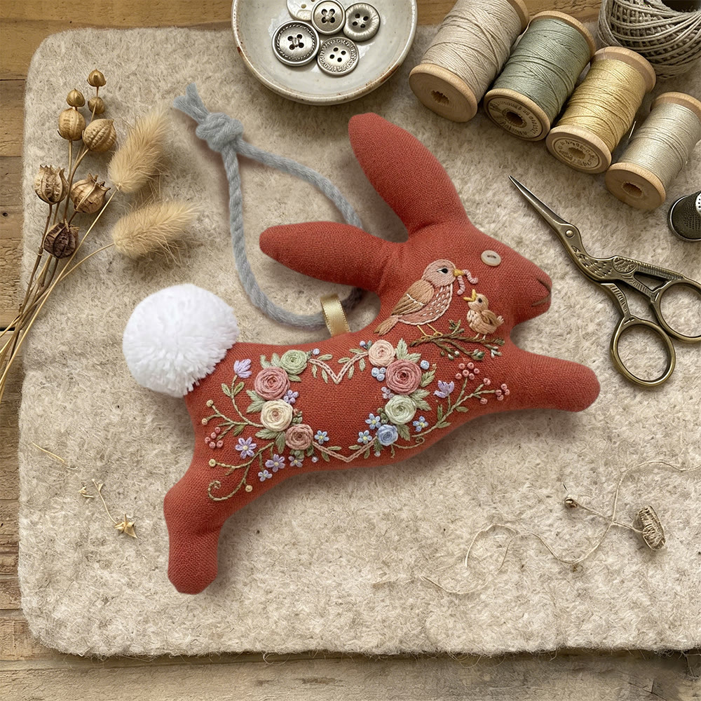 Rubbyoo Rabbit Embroidery Kit - Floral Heart Wreath And Bird | Mother's Day Gift | Colorful Room Decor - image 3