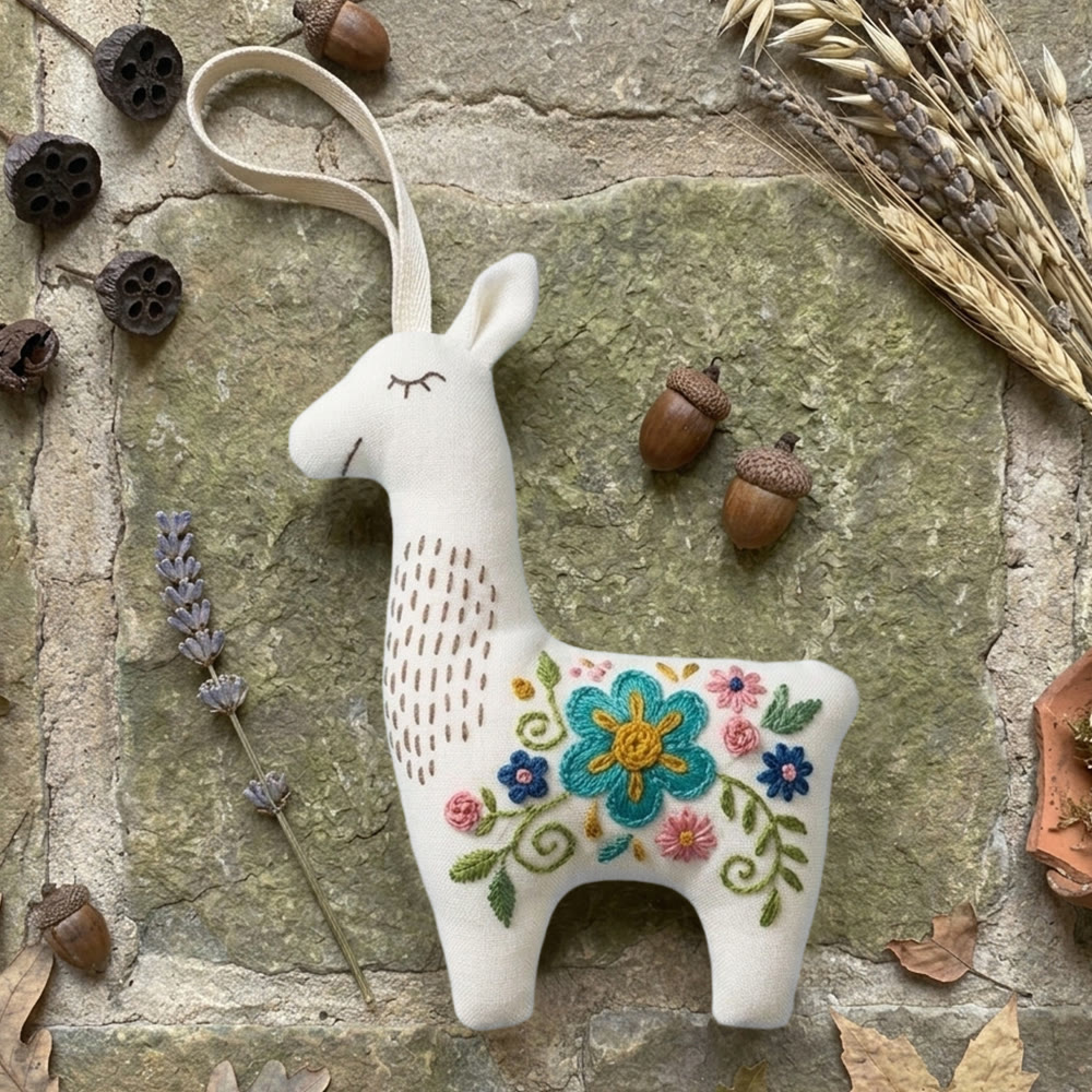 Rubbyoo Llama Embroidery Kit - Little Flower | Floral Handmade Art | Stuffed Alpaca Toy For Kid  - 6 inches hoop kit - image 1
