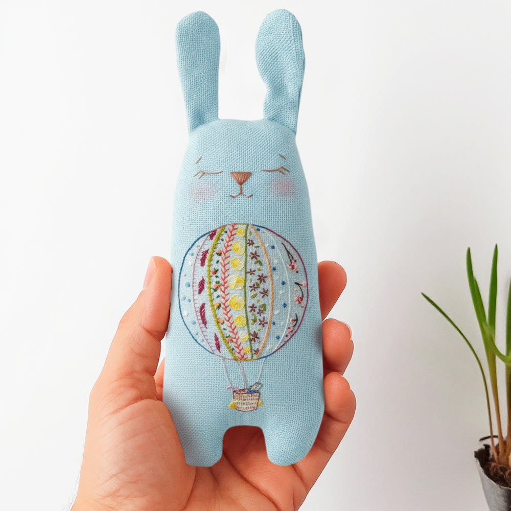 Rubbyoo Bunny Toy Embroidery Kit - Hot Air Balloon | New Baby Shower Gift | Boho Nursery Decor - 8 inches hoop kit - image 1