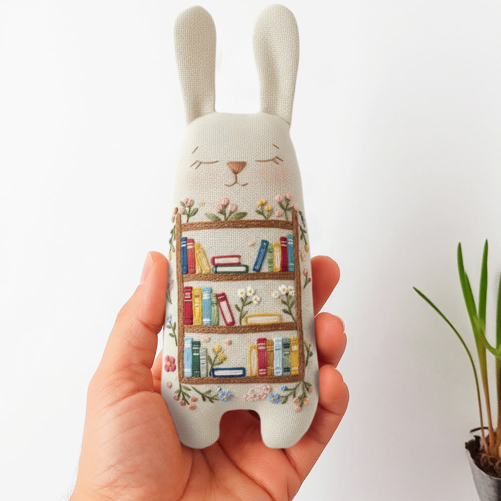 Rubbyoo Bunny Toy Embroidery Kit - Floral Bookcase Design | Intricate Needlework Gift | Cozy Reading Nook Decor - 8 inches hoop kit - image 1