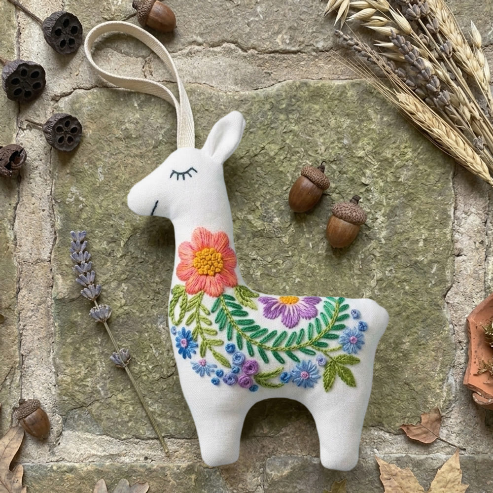 Rubbyoo Llama Embroidery Kit - Floral Garland | Unique Handmade Gift | Modern Nursery Wall Decor - 6 inches hoop kit - image 1