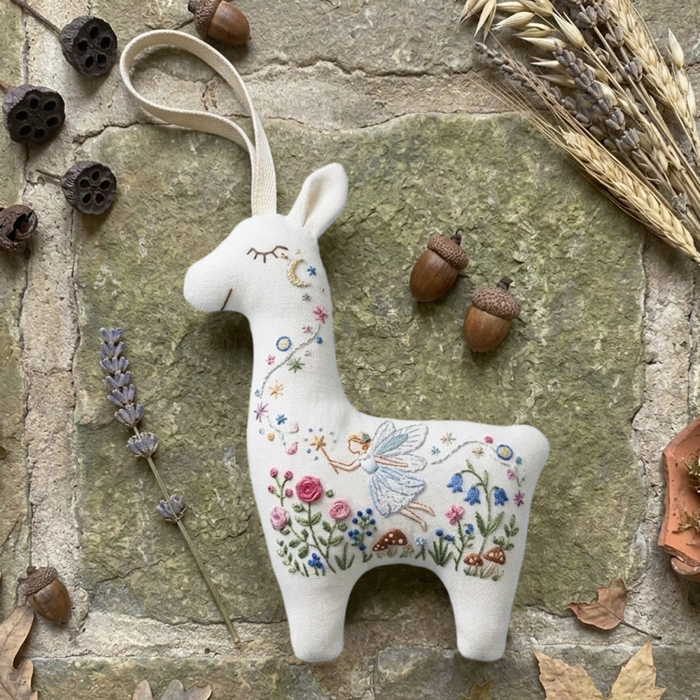 Rubbyoo Llama Embroidery Kit - Whimsical Fairy Design | Magical Forest Nursery Gift | Floral Mushroom Hanging Accessory - 6 inches hoop kit - image 1