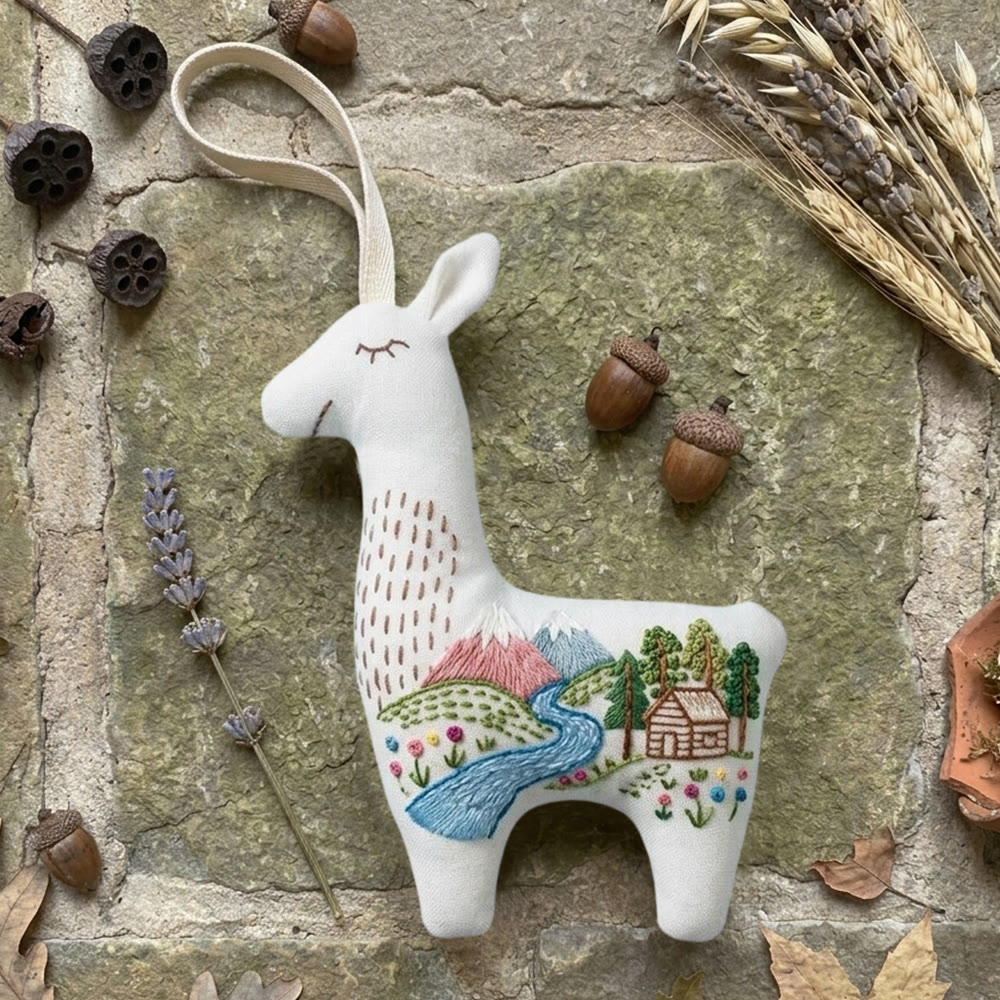 Rubbyoo Llama Embroidery Kit - Forest Cabin Landscape Design | Nature Lover Gift | Home Decor Ornament - 6 inches hoop kit - image 1