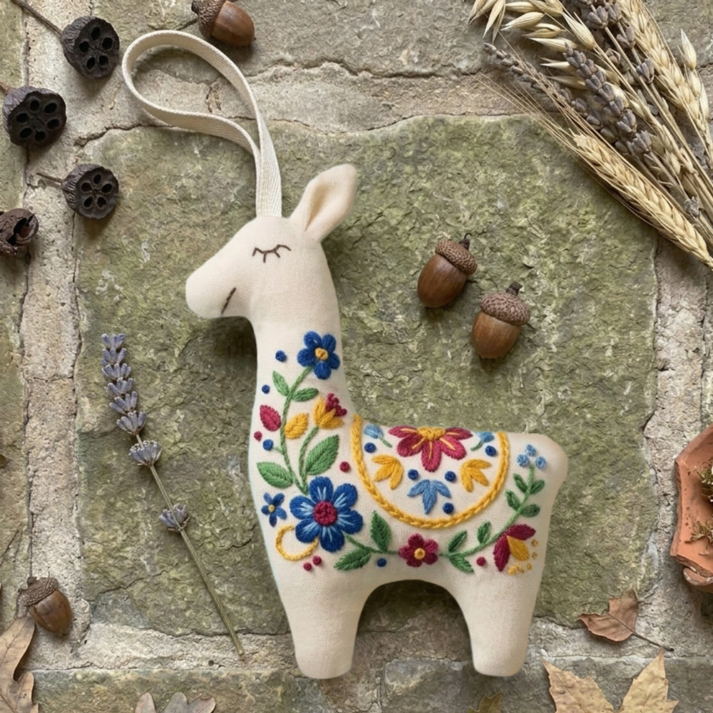 Rubbyoo Llama Embroidery Kit - Folk Floral Design | Mothers Day Gift | Handmade Keychain Charm - 6 inches hoop kit - image 1