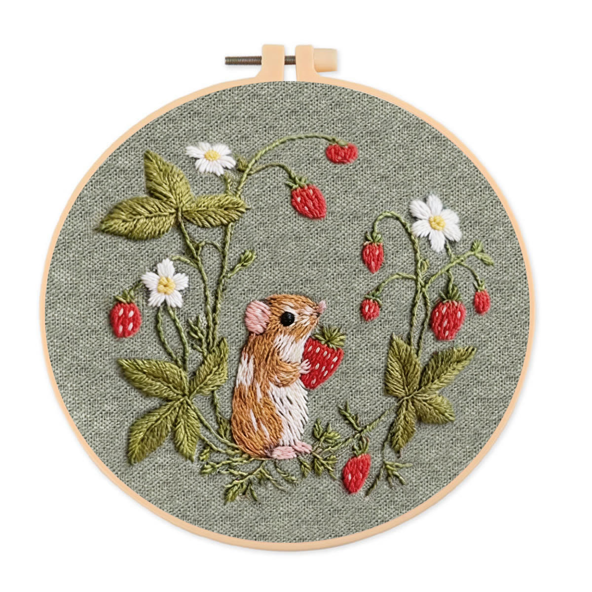 Rubbyoo Embroidery Kit - Mouse With Strawberry | Adorable Handmade Collection | Sewing Wallhanging Art - 20*20cm - image 1