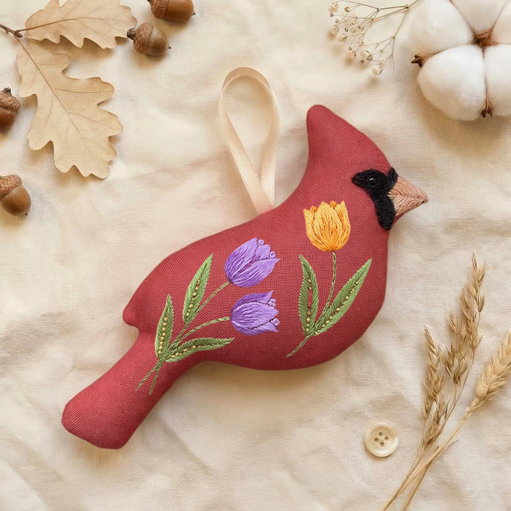 Rubbyoo Cardinal Embroidery Kit - Vivid Flowers | Stuffed Bird Toy | Personalized Craft For Mom  - 6 inches hoop kit - image 1