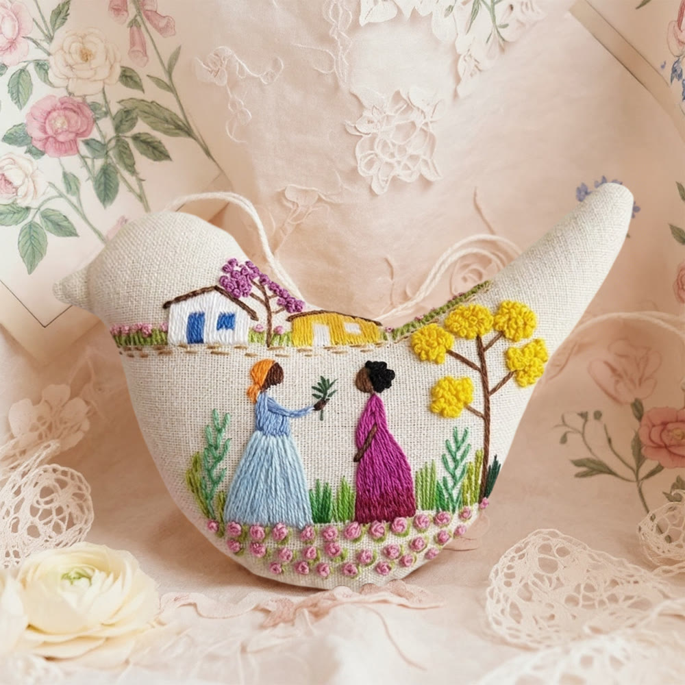 Rubbyoo Bird-shaped Embroidery Kit - Rural Woman |  Beginner Diy Craft | Perfect Gift For Her - 6 inches hoop kit - image 1
