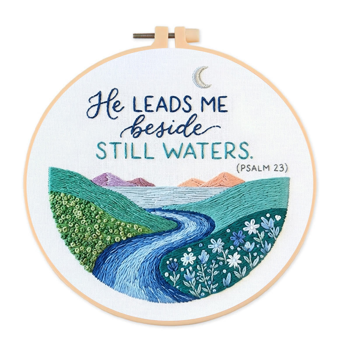 Rubbyoo Embroidery Kit - He Leads Me Beside Still Waters | Psalm 23 Wall Decor | Christian Landscape Faith Gift - 20*20cm - image 1