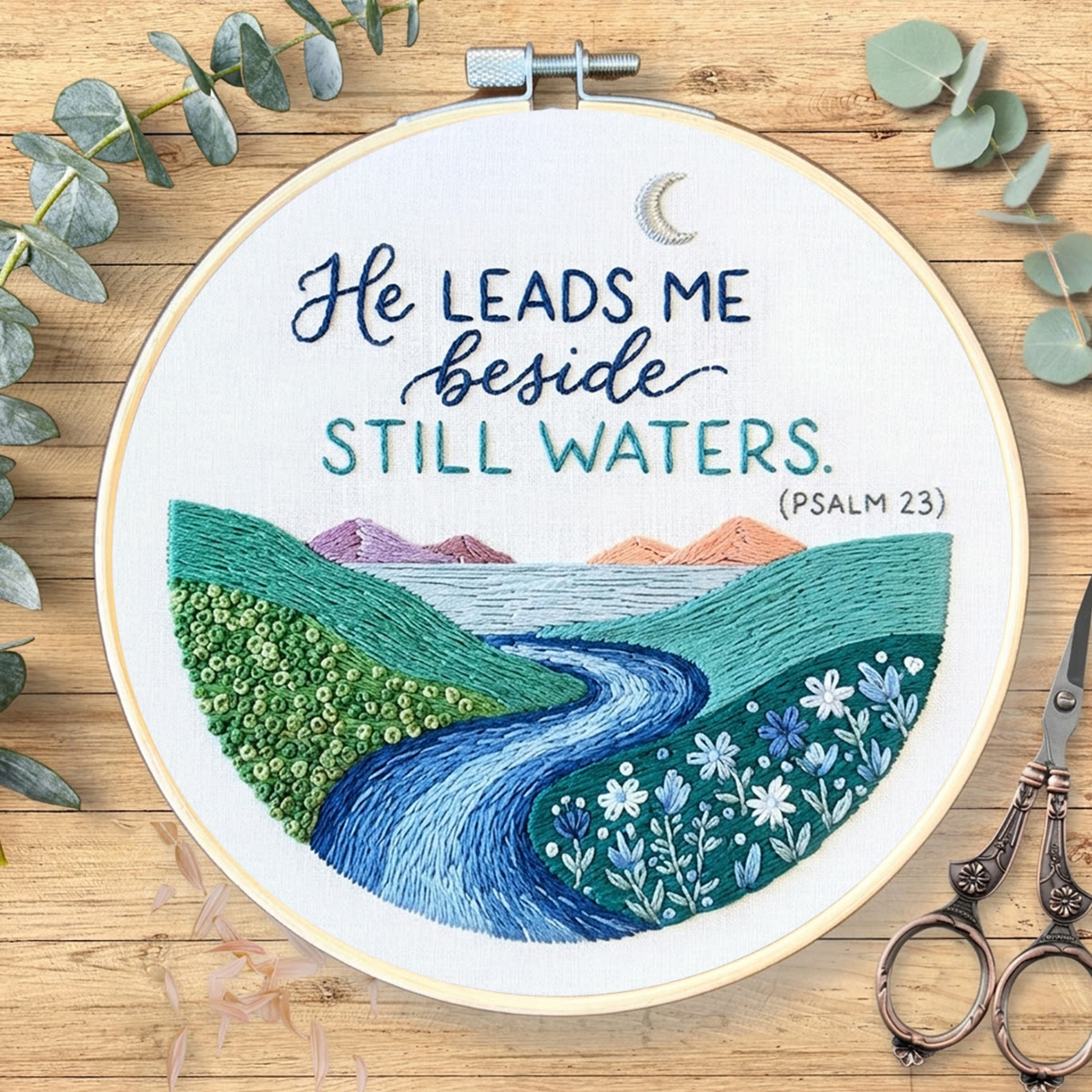 Rubbyoo Embroidery Kit - He Leads Me Beside Still Waters | Psalm 23 Wall Decor | Christian Landscape Faith Gift - image 2