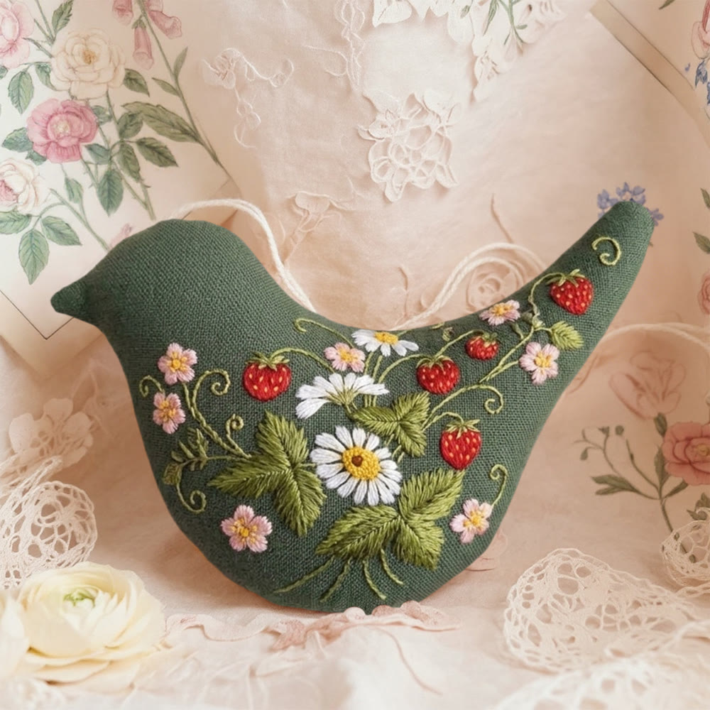 Rubbyoo Bird-shaped Embroidery Kit - Wild Strawberry | Floral Fruit Decor | Special Gift For Mother - 6 inches hoop kit - image 1