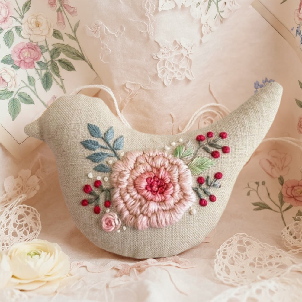 Rubbyoo Bird-shaped Embroidery Kit - Charming Rose | Diy Floral Needlework | Handmade Craft For Her - 6 inches hoop kit - image 1
