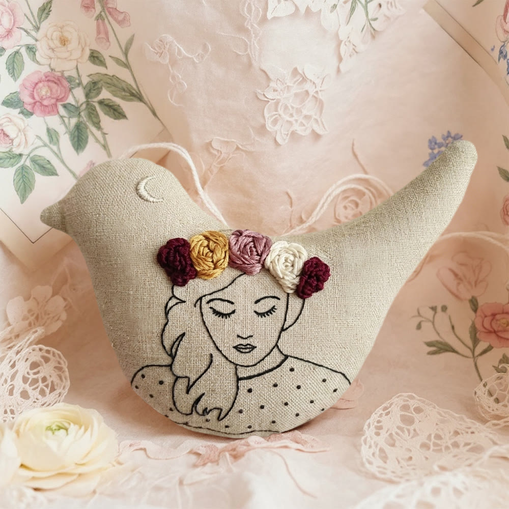 Rubbyoo Bird-shaped Embroidery Kit - Women With Flower | Soft Bird Toy | Unique Craft For Mom - 6 inches hoop kit - image 1