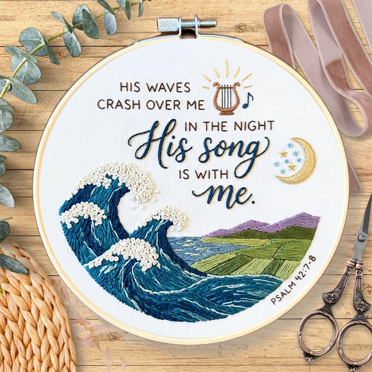 Rubbyoo Embroidery Kit - His Song Is With Me | Psalm 42:7-8 Christian Art | Unique Religious Gift For Encouragement - image 2