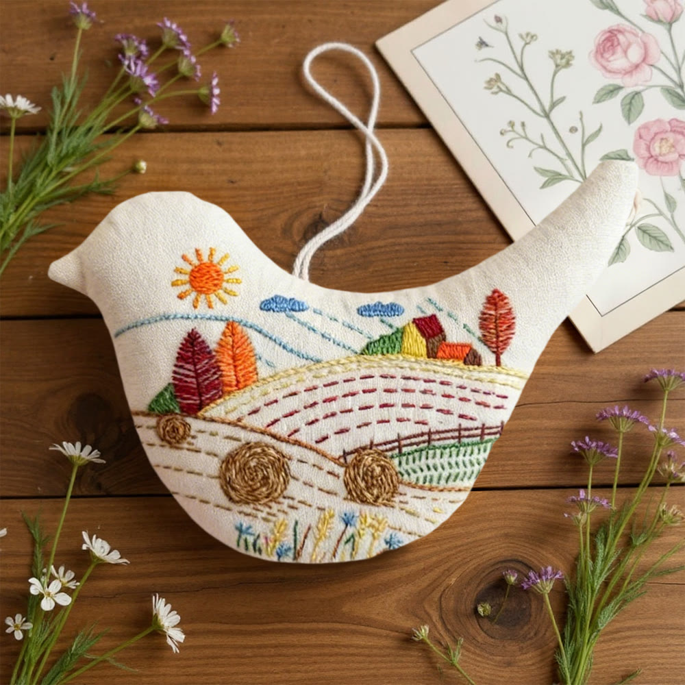 Rubbyoo Bird-shaped Embroidery Kit - Farmland View | Diy Landscape Craft | Unique Home Decor - image 2