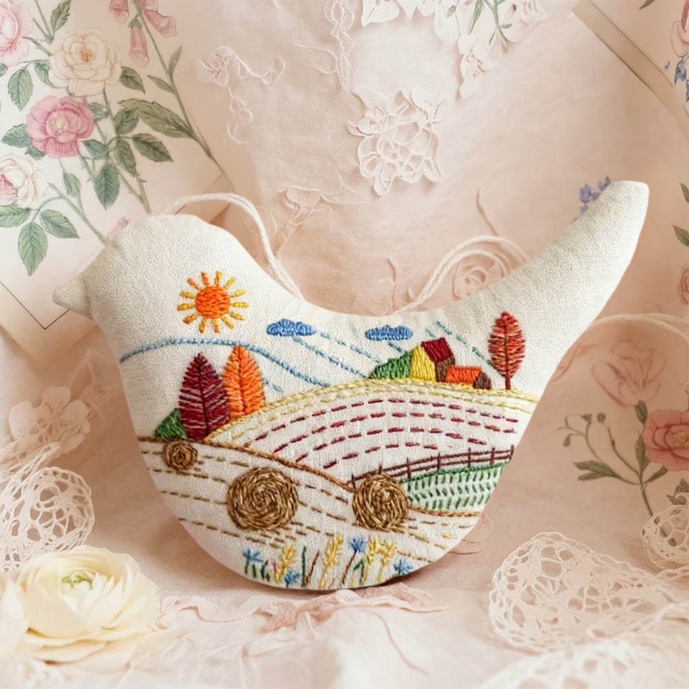 Rubbyoo Bird-shaped Embroidery Kit - Farmland View | Diy Landscape Craft | Unique Home Decor - 6 inches hoop kit - image 1