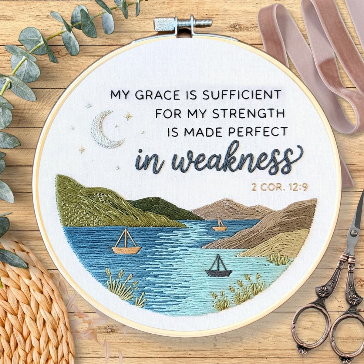 Rubbyoo Embroidery Kit - My Grace Is Sufficient | 2 Cor. 12:9 Modern Christian  Decor | Hand-stitched Coastal Embroidery Art - image 2