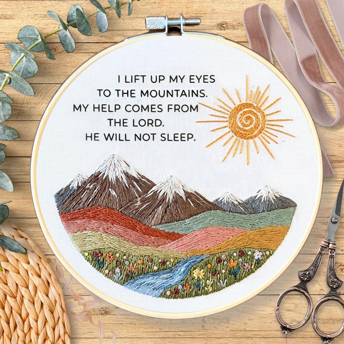 Rubbyoo Embroidery Kit - I Lift Up My Eyes To The Mountains | Psalm 121:1 | Christian Snow Mountain Wall Decor - image 3