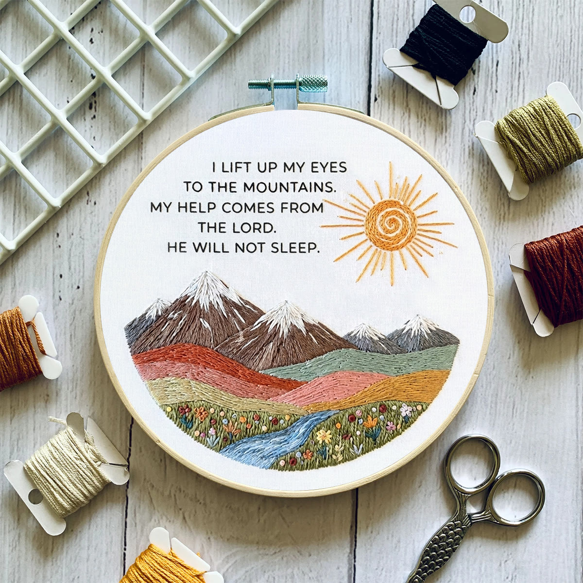 Rubbyoo Embroidery Kit - I Lift Up My Eyes To The Mountains | Psalm 121:1 | Christian Snow Mountain Wall Decor - image 6
