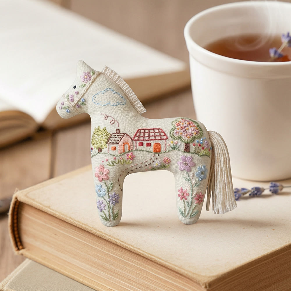 Rubbyoo Dala Horse Embroidery Kit - Country Cottage Scene | Unique Housewarming Gift | Whimsical Animal Keepsake For Nursery - image 2