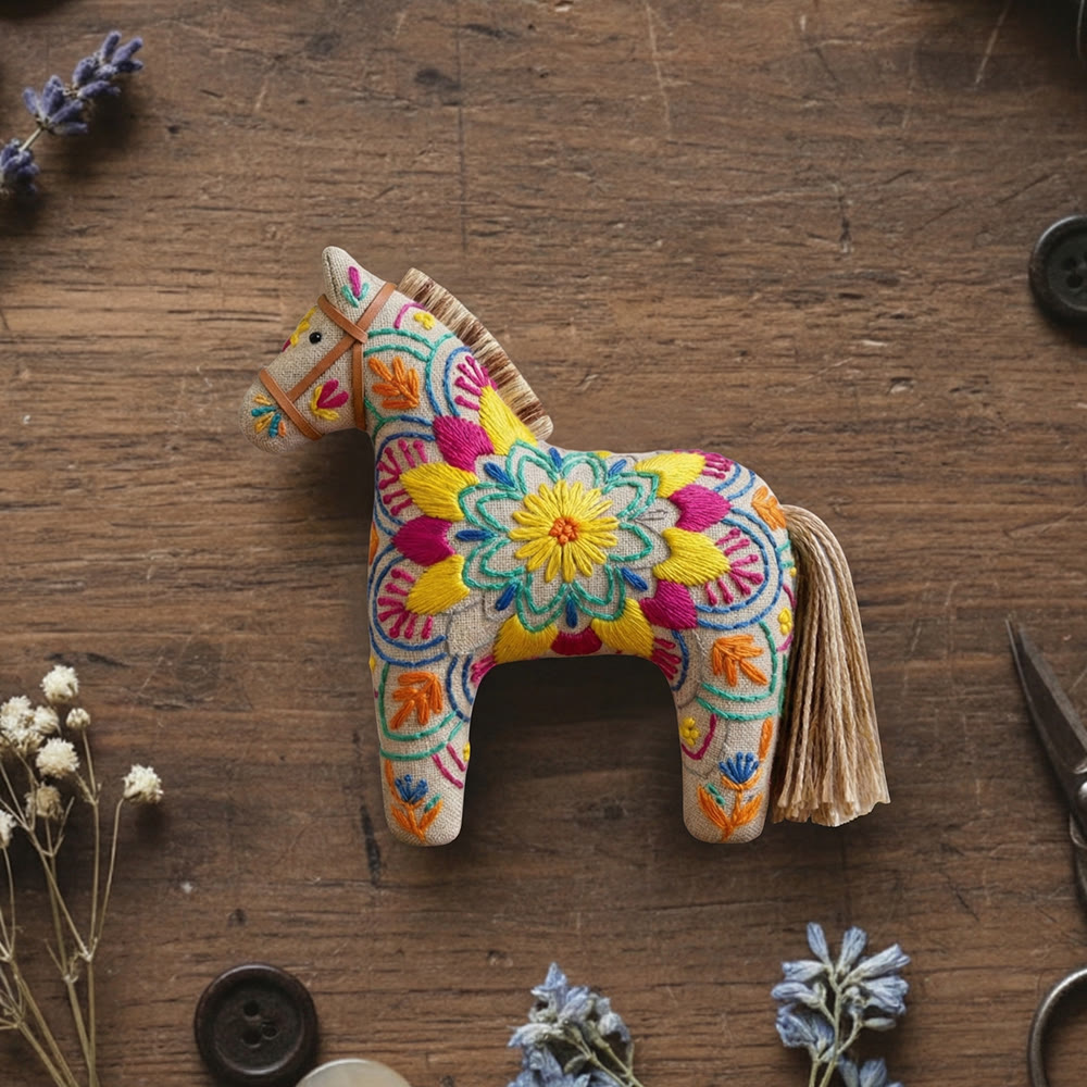 Rubbyoo Dala Horse Embroidery Kit - Kaleidoscope Floral Pattern | Eclectic Birthday Gift | Festival Fashion Accessory - 6 inches hoop kit - image 1