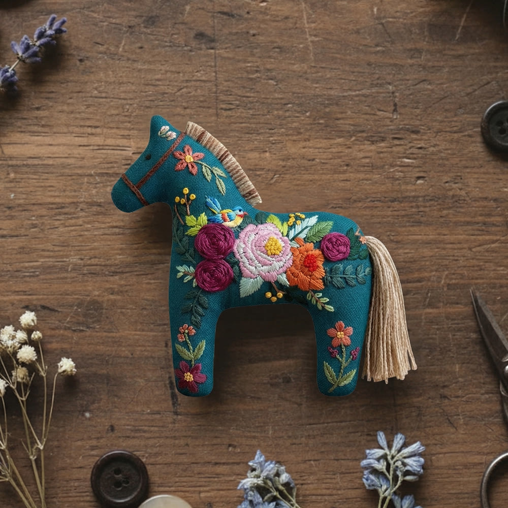 Rubbyoo Dala Horse Embroidery Kit - Blooming Roses And Peonies | Mother's Day Keepsake | Maximalist Hanging Decor - 6 inches hoop kit - image 1