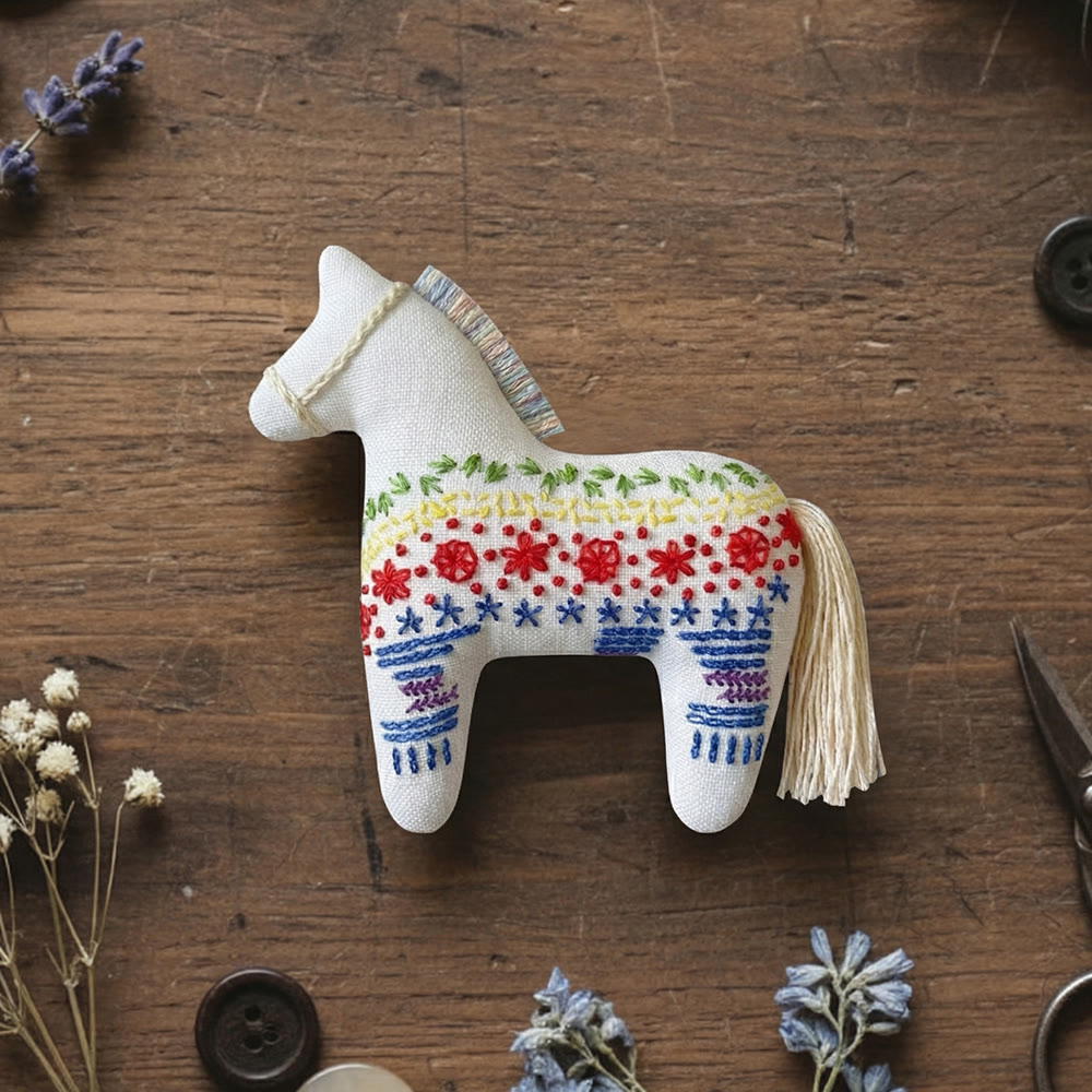 Rubbyoo Dala Horse Embroidery Kit - Tiny Flowers | Small Handmade Gift | Scandinavian Folk Art Ornament - 6 inches hoop kit - image 1