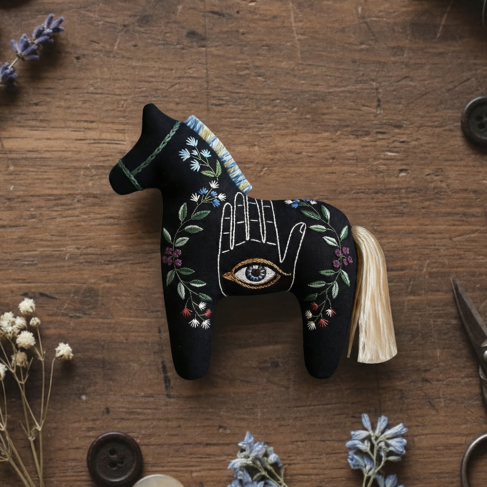 Rubbyoo Dala Horse Embroidery Kit - Hamsa Hand Protection Amulet | Mystic Black Fabric Gift | Car Charm - 6 inches hoop kit - image 1