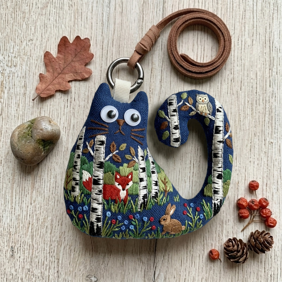 Rubbyoo Cat Embroidery Kit - Birch Tree Forest With Fox And Owl | Birthday Gift For Kids | Cute  Lanyard Charm - 6 inches hoop kit - image 1