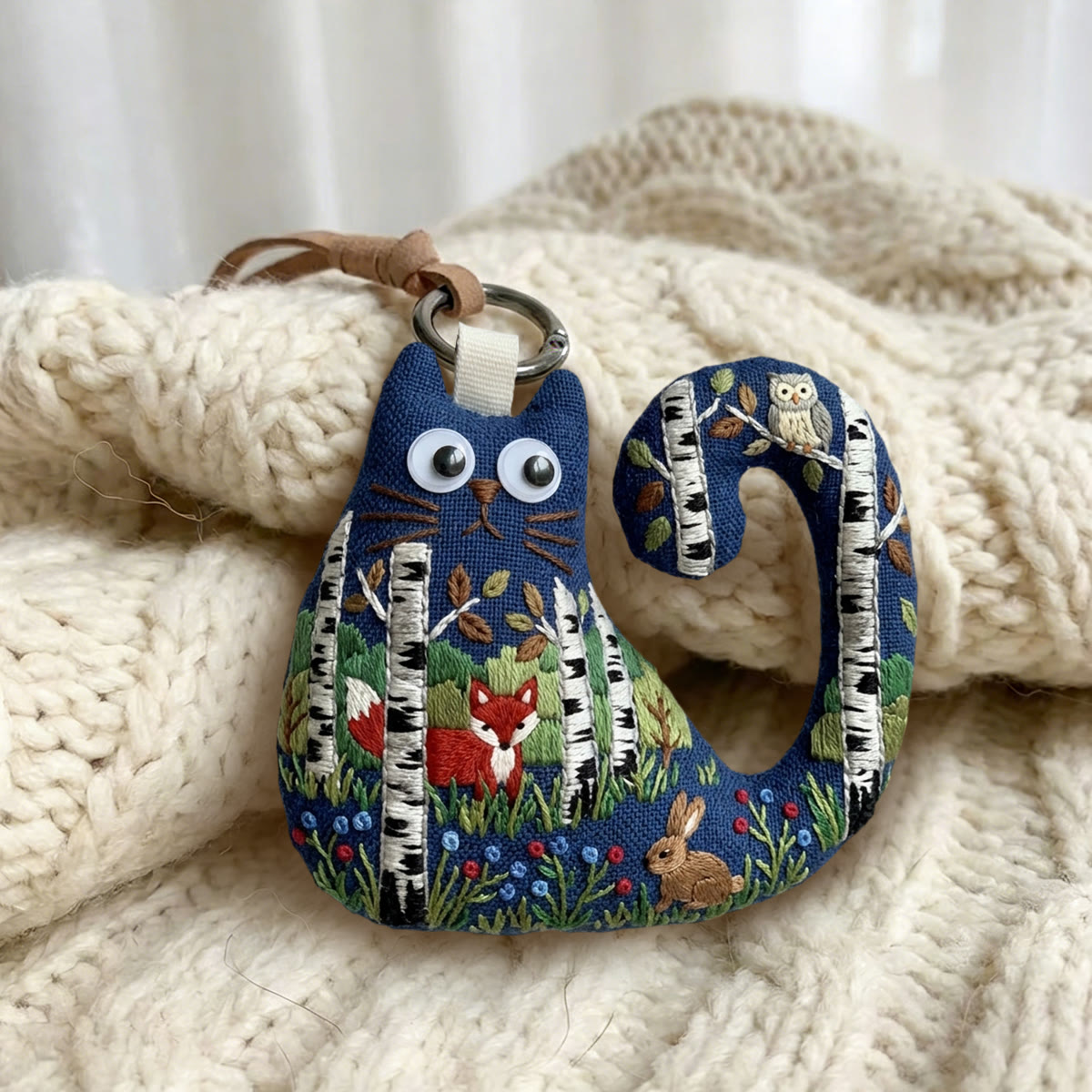 Rubbyoo Cat Embroidery Kit - Birch Tree Forest With Fox And Owl | Birthday Gift For Kids | Cute  Lanyard Charm - image 2