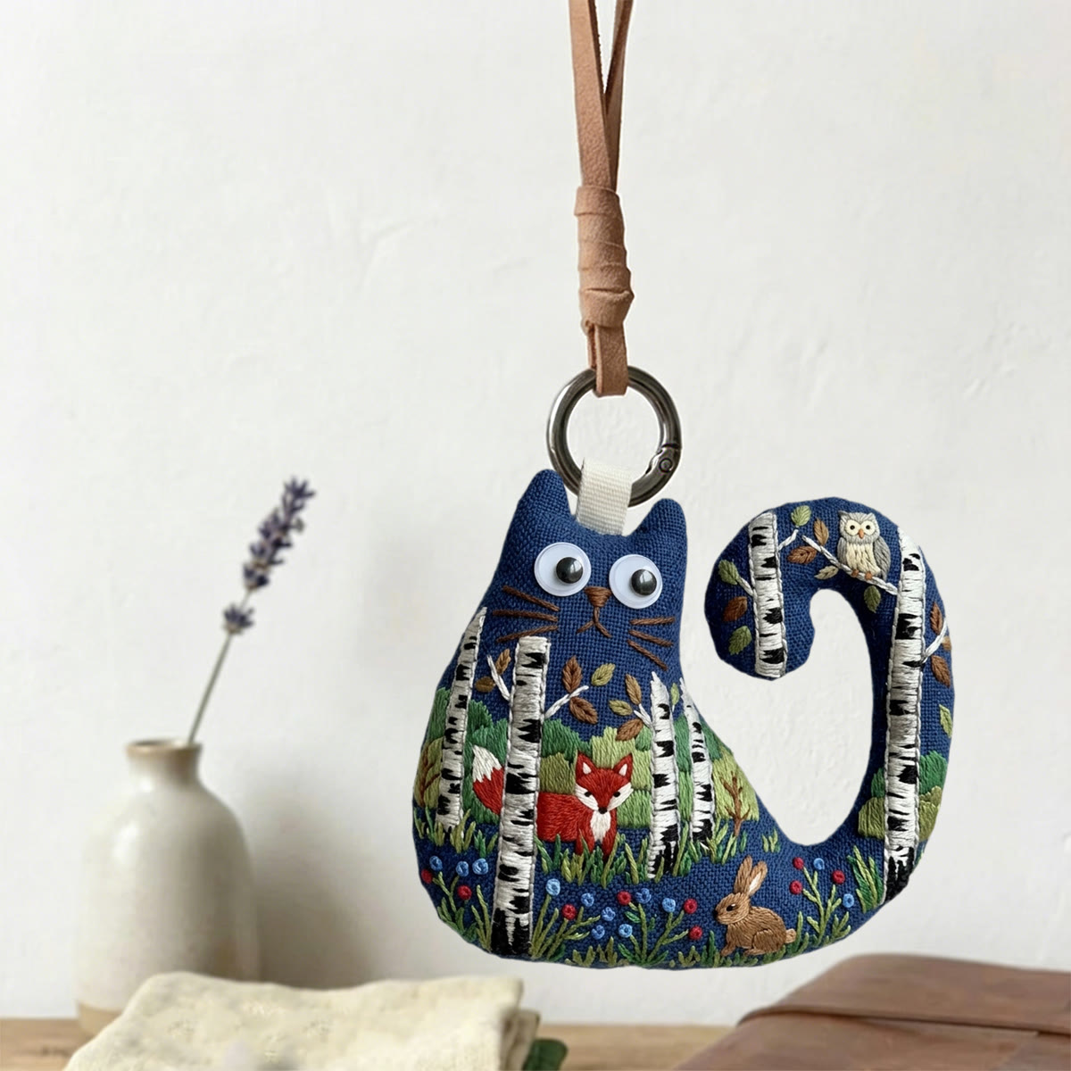 Rubbyoo Cat Embroidery Kit - Birch Tree Forest With Fox And Owl | Birthday Gift For Kids | Cute  Lanyard Charm - image 3