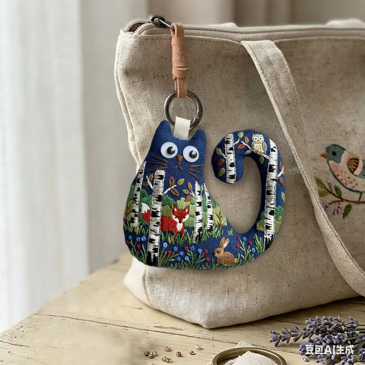 Rubbyoo Cat Embroidery Kit - Birch Tree Forest With Fox And Owl | Birthday Gift For Kids | Cute  Lanyard Charm - image 4