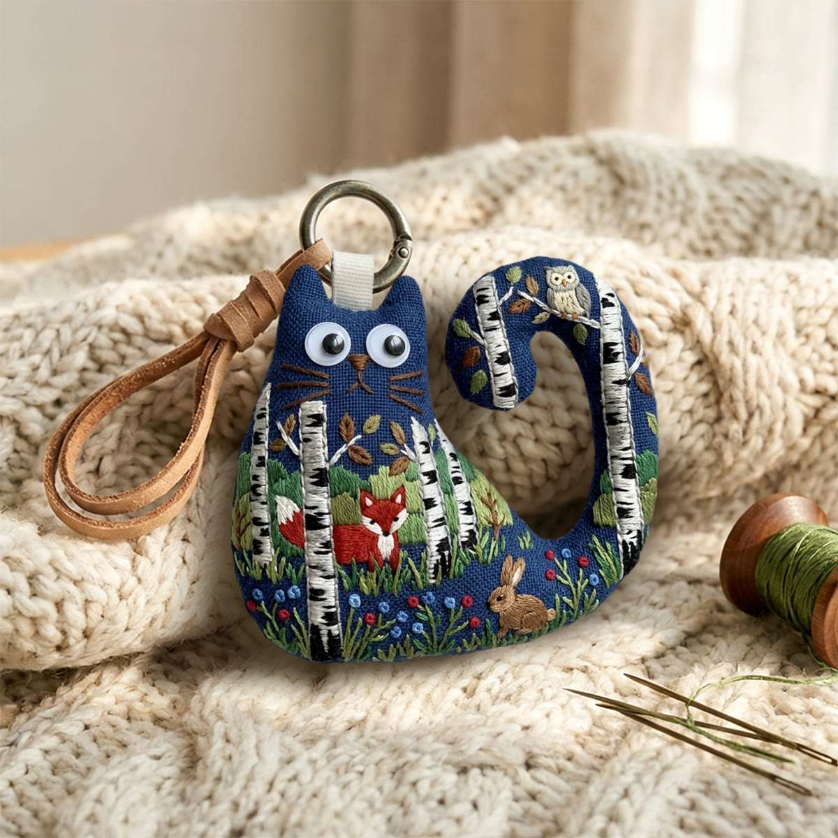 Rubbyoo Cat Embroidery Kit - Birch Tree Forest With Fox And Owl | Birthday Gift For Kids | Cute  Lanyard Charm - image 7