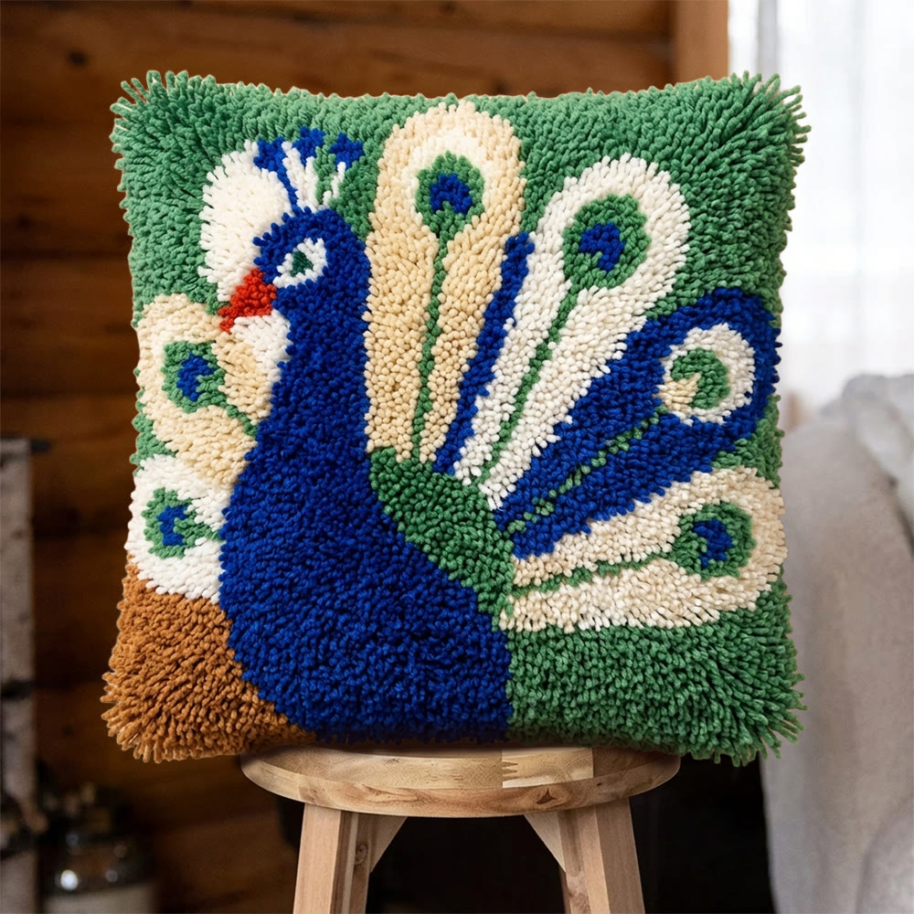 Rubbyoo Latch Hook Pillow Kit - Elegant Peacock | Sofa Cushion Cover | Tufted Home Ornament - 43*43cm - image 1