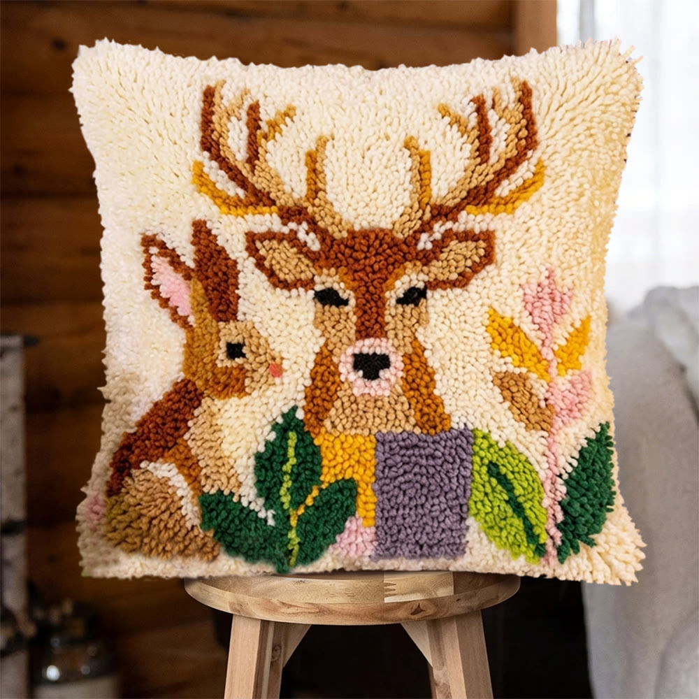 Rubbyoo Latch Hook Pillow Kit - The Deer And The Rabbit | Lovely Animal Handicraft | Decorative Cushion Cover  - 43*43cm - image 1
