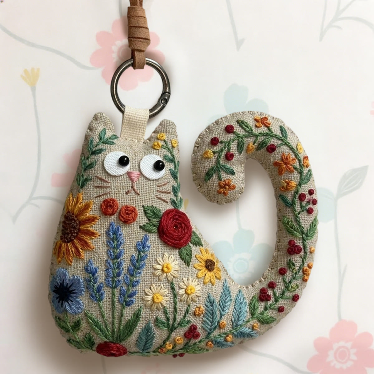 Rubbyoo Cat Embroidery Kit - Sunflowers And Lavender | Bright Housewarming Keepsake | Colorful Bag Charm - image 3