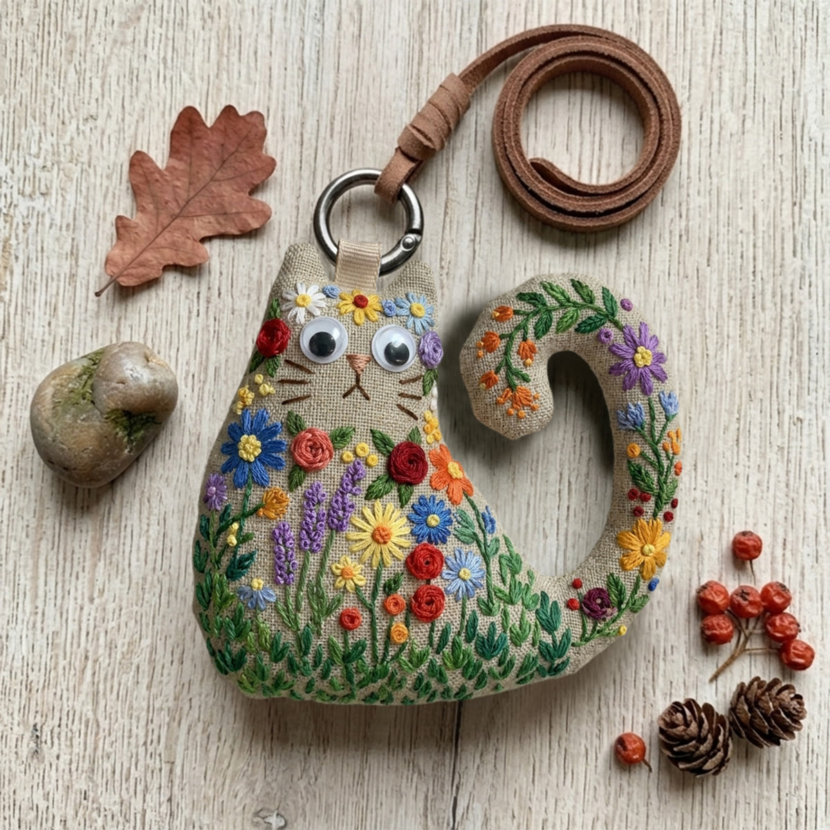 Rubbyoo Cat Embroidery Kit - Wildflower Meadow Design | Diy Hand-stitched Gift | Boho Chic Accessory - 6 inches hoop kit - image 1