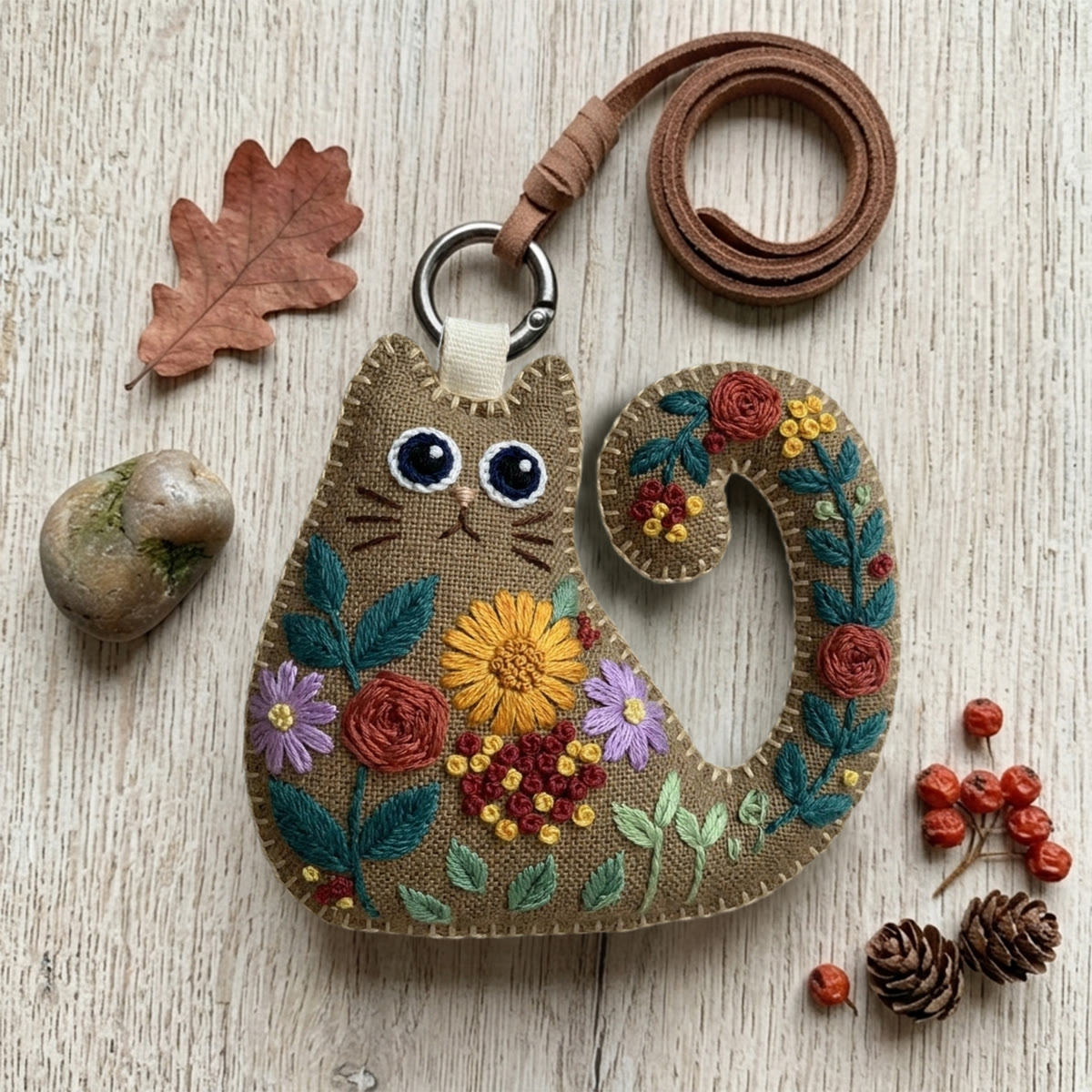 Rubbyoo Cat Embroidery Kit - Colorful Floral Pattern | Small Cute Handmade Gift For Her | Rustic Fabric Ornament - 6 inches hoop kit - image 1