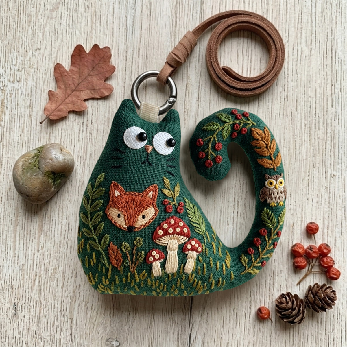 Rubbyoo Cat Embroidery Kit - Red Spotted Amanita Mushrooms | Cozy Gift For Friend | Forest Fairytale Hanging Decor - 6 inches hoop kit - image 1