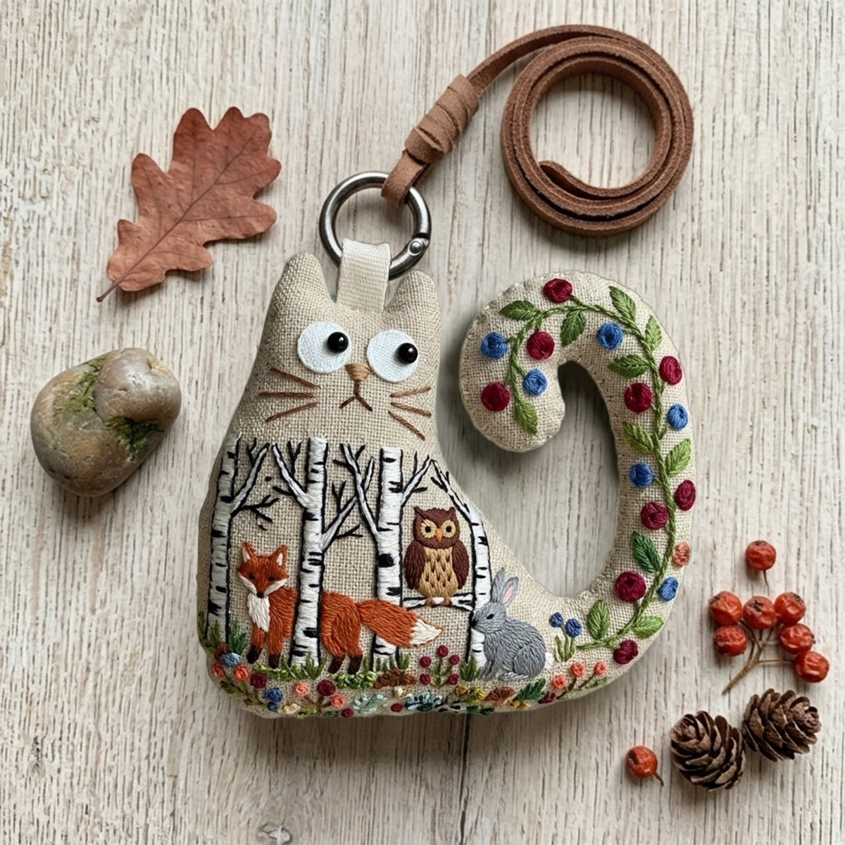 Rubbyoo Cat Embroidery Kit - Fox Owl Rabbit Design | Handmade Gift For Her | Whimsical Animal Bag Accessory - 6 inches hoop kit - image 1
