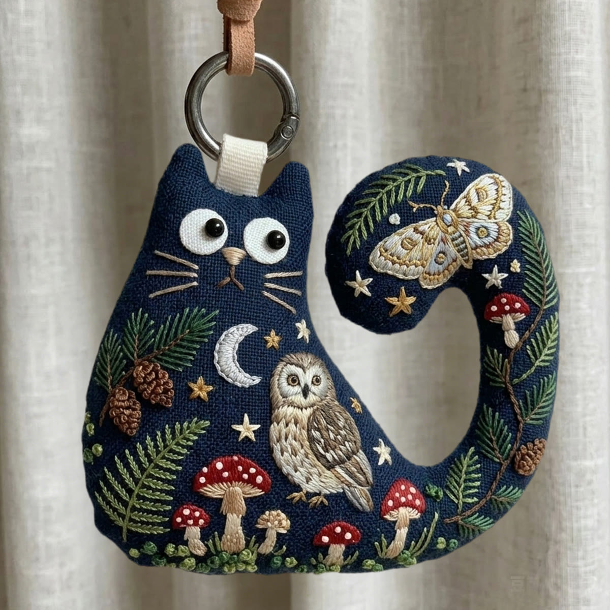 Rubbyoo Cat Embroidery Kit - Luna Moth And Owl | Mystical Gift For Her | Celestial Moon Stars Bag Charm - 6 inches hoop kit - image 1