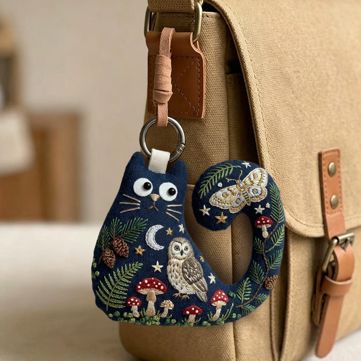 Rubbyoo Cat Embroidery Kit - Luna Moth And Owl | Mystical Gift For Her | Celestial Moon Stars Bag Charm - image 3