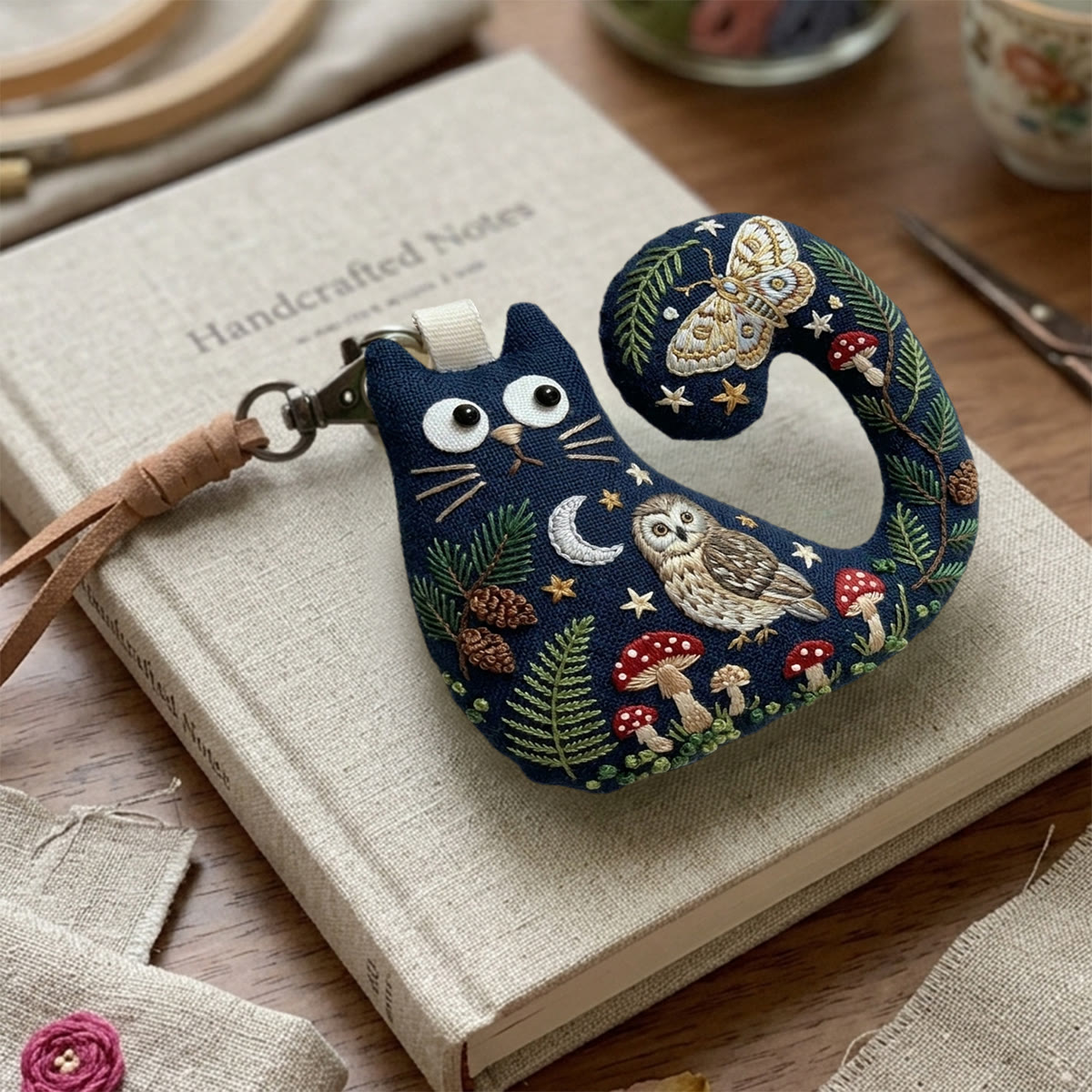 Rubbyoo Cat Embroidery Kit - Luna Moth And Owl | Mystical Gift For Her | Celestial Moon Stars Bag Charm - image 9