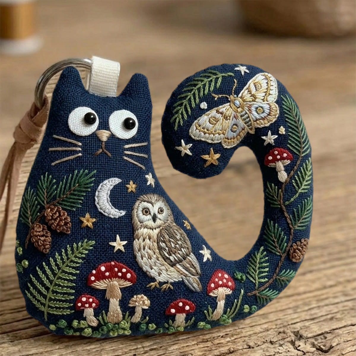 Rubbyoo Cat Embroidery Kit - Luna Moth And Owl | Mystical Gift For Her | Celestial Moon Stars Bag Charm - image 8