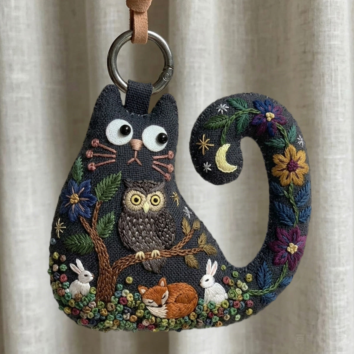 Rubbyoo Cat Embroidery Kit - Great Grey Owl | Unique Gift For Best Friend | Dark Cottagecore Bag Charm - 6 inches hoop kit - image 1