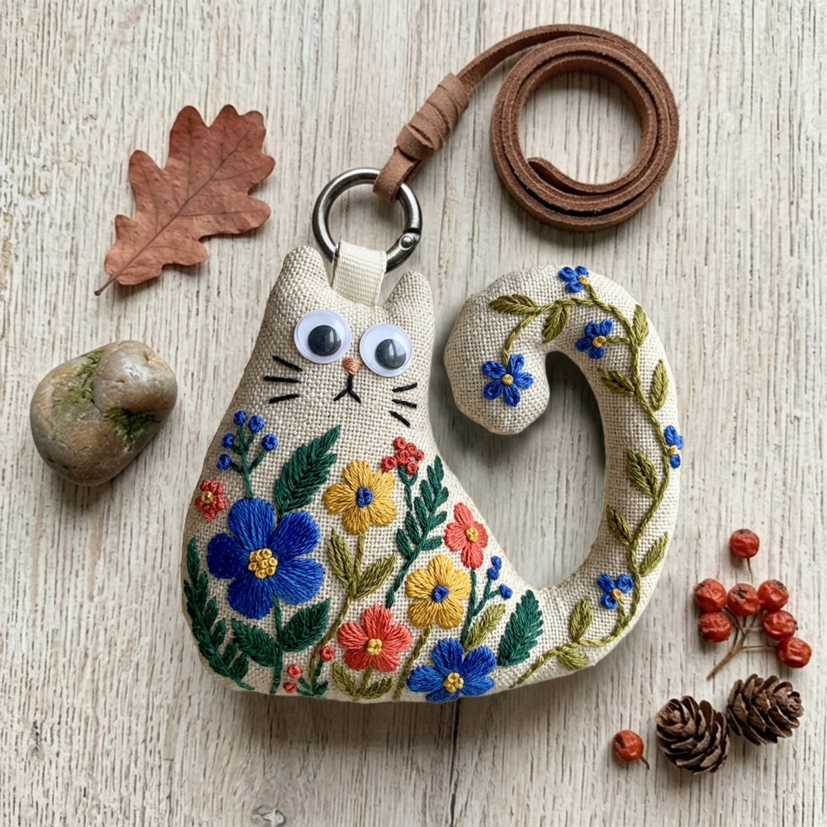Rubbyoo Cat Embroidery Kit - Colorful Wildflower And Leafy Vine | Handmade Gift For Cat Lover | Cottagecore Bag Charm - 6 inches hoop kit - image 1