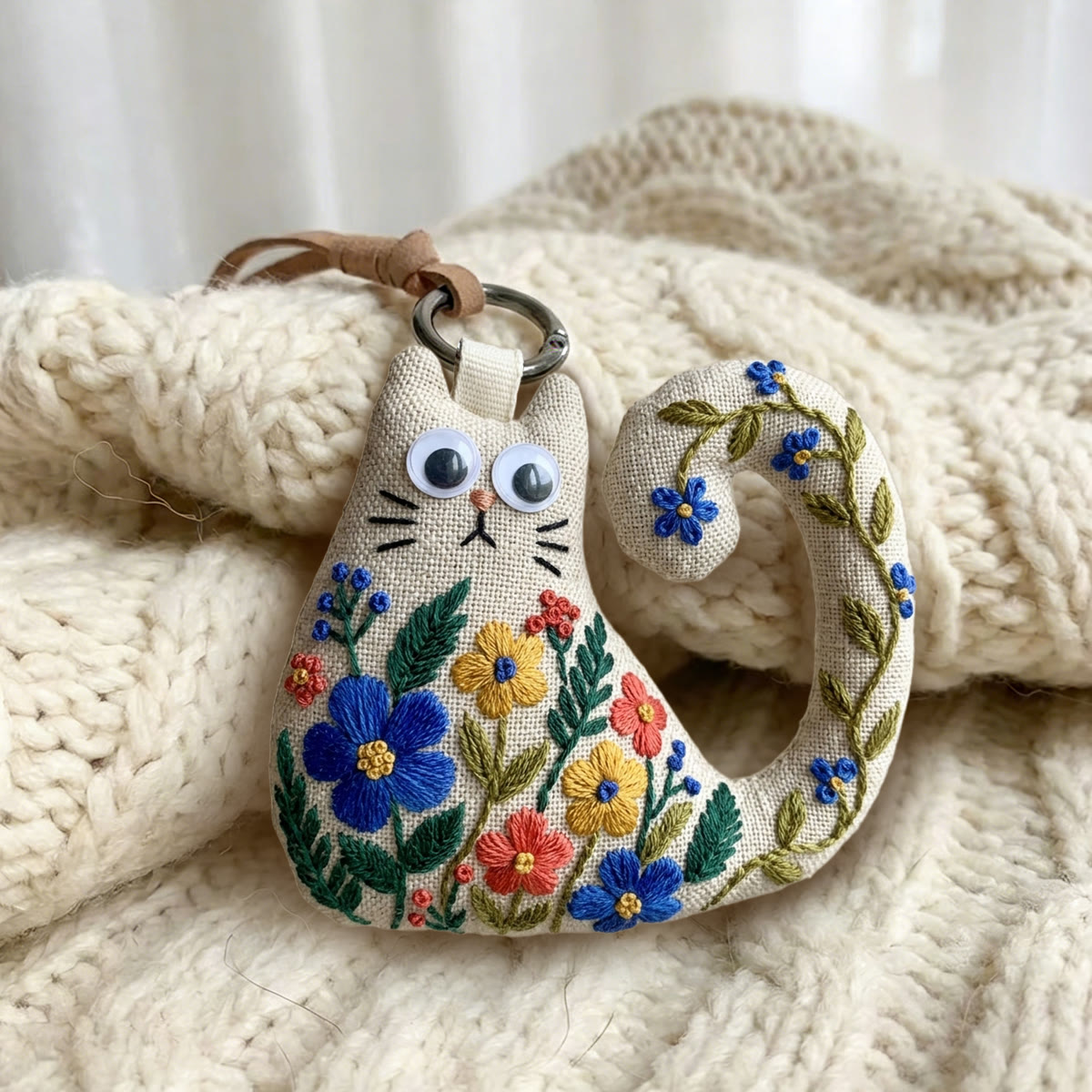 Rubbyoo Cat Embroidery Kit - Colorful Wildflower And Leafy Vine | Handmade Gift For Cat Lover | Cottagecore Bag Charm - image 2