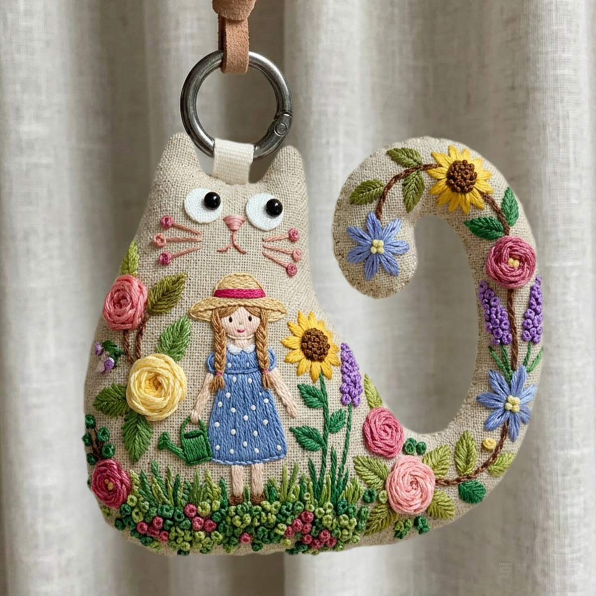 Rubbyoo Cat Embroidery Kit - Girl In Straw Hat | Whimsical Nature Inspired Gift For Her | Rustic Textile Art Bag Charm - 6 inches hoop kit - image 1