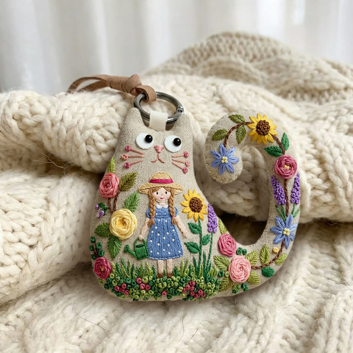 Rubbyoo Cat Embroidery Kit - Girl In Straw Hat | Whimsical Nature Inspired Gift For Her | Rustic Textile Art Bag Charm - image 2