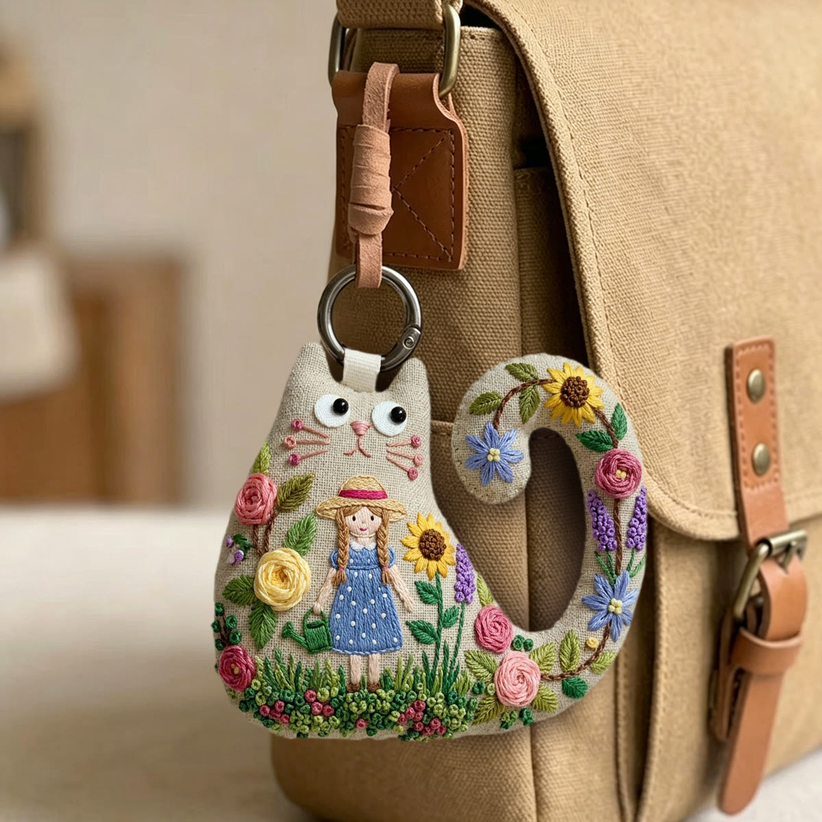 Rubbyoo Cat Embroidery Kit - Girl In Straw Hat | Whimsical Nature Inspired Gift For Her | Rustic Textile Art Bag Charm - image 4